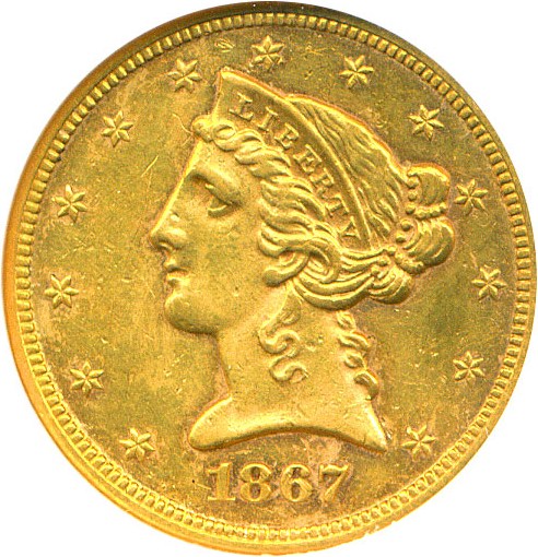 image for: 1867 $5 NGC AU55