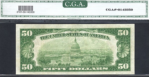 image for: Fr.2101I 1928A $50  CGA AU50  [I00125482A] (Light Green Seal)
