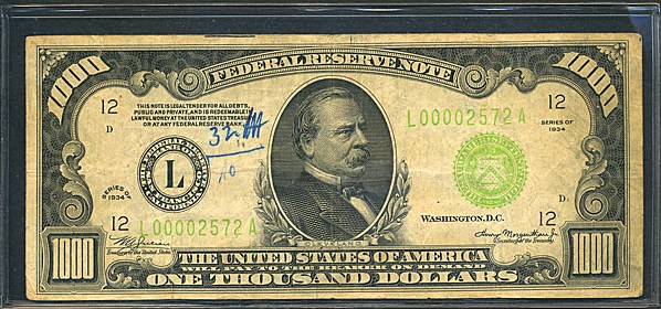 image for: Fr.2211L 1934 $1,000  Raw F-VF [L00002572A]