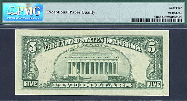 image for: Error: Fr.1973L 1974 $5 Dark Green Seal PMG Choice CU64 EPQ (Printed On Paper Clip)