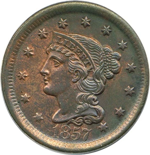 image for: 1857 1c ANACS MS62 BN (Large Date)