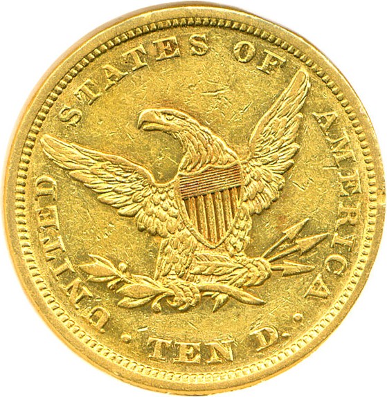 image for: 1843 $10 DGS AU50  (Lightly Cleaned,  Obverse Scratch)