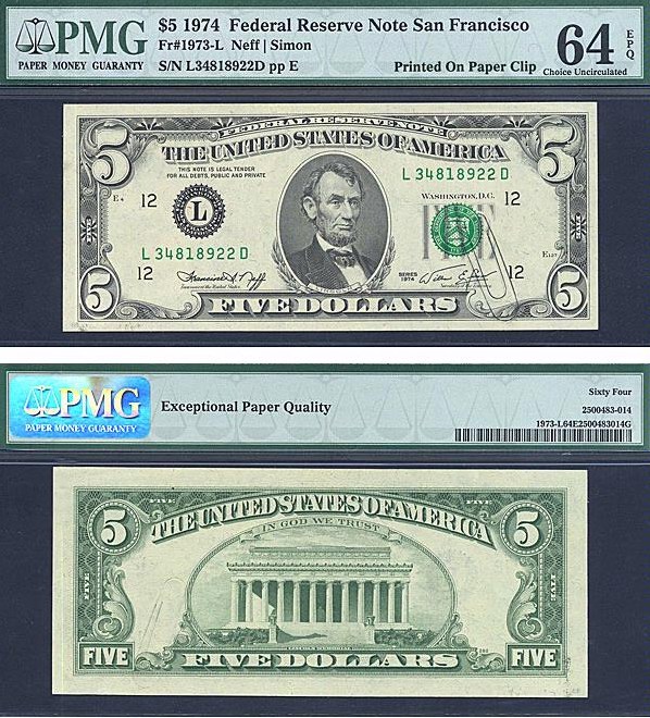 image for: Error: Fr.1973L 1974 $5 Dark Green Seal PMG Choice CU64 EPQ (Printed On Paper Clip)