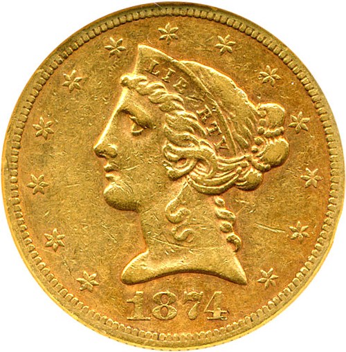 image for: 1874-S $5 NGC XF45