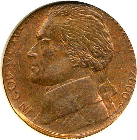 image for: Mint Error: 2000-P 5c ANACS MS63 RB (Struck on 1978-D Cent) 