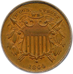 image for: 1864 Small Motto 2c PCGS/CAC MS63 BN