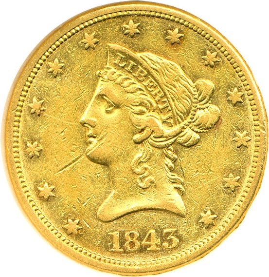 image for: 1843 $10 DGS AU50  (Lightly Cleaned,  Obverse Scratch)