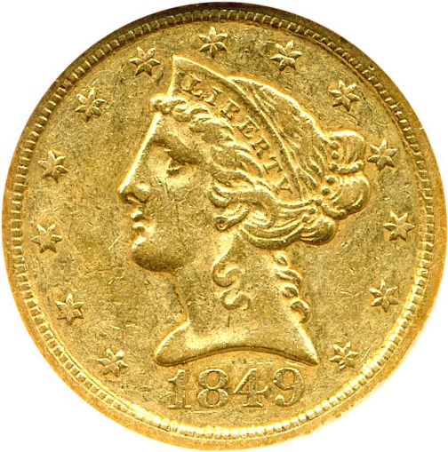 image for: 1849 $5 NGC AU55