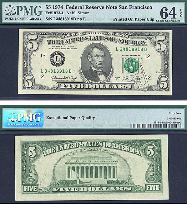 image for: Error: Fr.1973L 1974 $5 Dark Green Seal PMG Choice CU64 EPQ (Printed On Paper Clip)