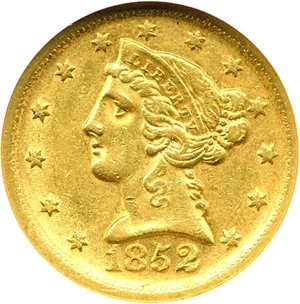 image for: 1852-D $5 NGC AU58