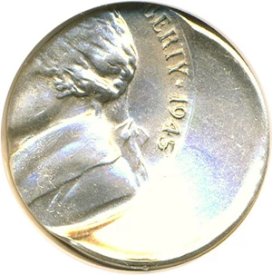image for: Mint Error: 1945-S 5c NGC MS64 (40% Off-Center Struck on Netherlands E. Indies 25c Planchet)