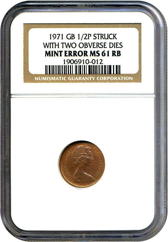 image for: Great Britain Error: 1971 1/2p NGC MS61 RB (Struck from Two Obverse Dies)