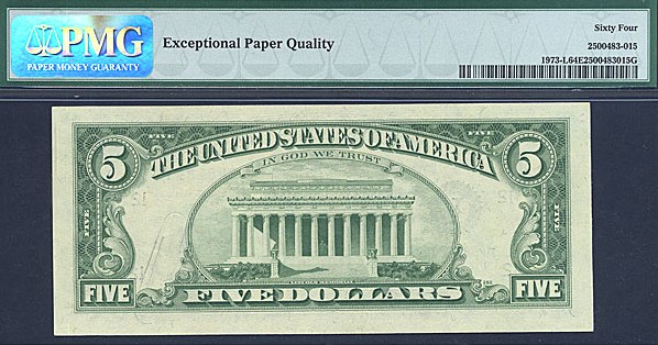 image for: Error: Fr.1973L 1974 $5 Dark Green Seal PMG Choice CU64 EPQ (Printed On Paper Clip)