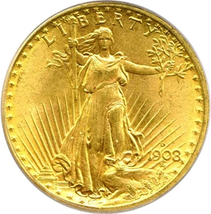 image for: 1908-D No Motto $20 PCGS MS64