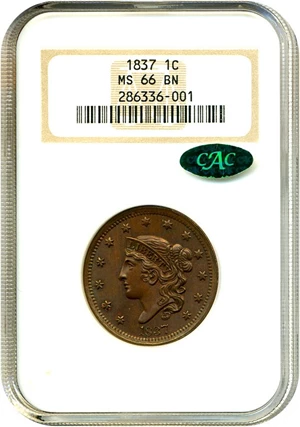 image for: 1837 1c NGC/CAC MS66 BN (Head of 1838)