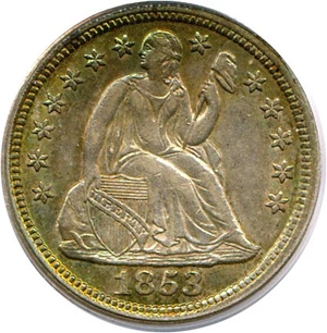 image for: 1853 No Arrows 10c PCGS/CAC AU58 * Color *