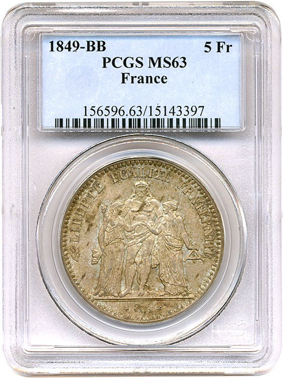 image for: France: 1849-BB  5 Fr PCGS MS63