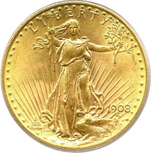 image for: 1908-D Motto $20 PCGS MS65