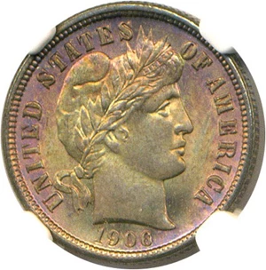 image for: 1906-O 10c NGC MS67 * Color *