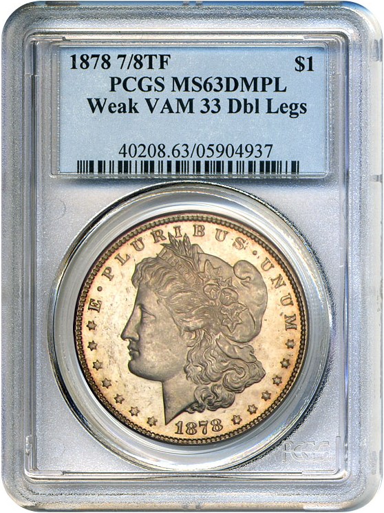 image for: 1878 7/8TF Weak $1 PCGS MS63 DMPL  (VAM-33,  Double Legs)