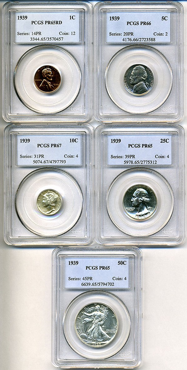 image for: 1939 Proof Set 1c --  50c PCGS Proof 65-67 (5 coins)
