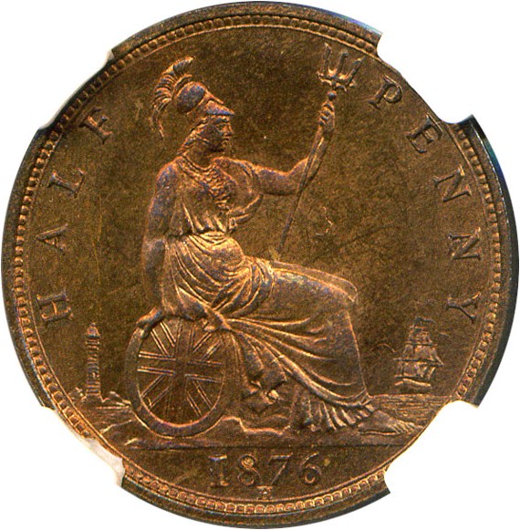 image for: Great Britain: 1876-H  1/2 D NGC Proof 66 RB (Small Date) (S-3957)