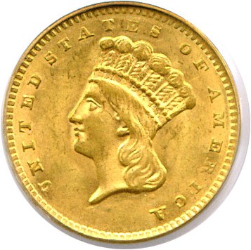 image for: 1856 Type 3 G$1 PCGS MS62  (Upright 5)