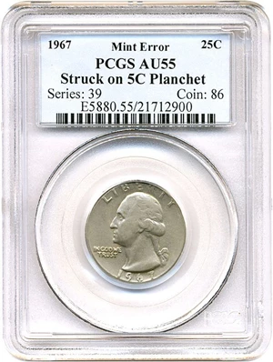 image for: 1967 25c PCGS AU55 (Struck on 5c Planchet)