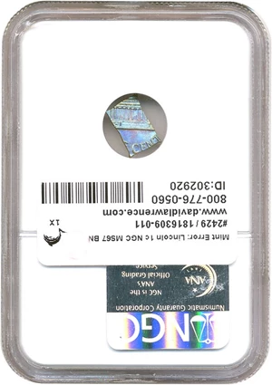 image for: Mint Error: Lincoln 1c NGC MS67 BN (Struck on Fragment .6 Gr)