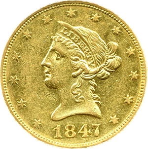 image for: 1847 $10 DGS AU50 (Heavy Numerals, Breen 6878; Lightly Cleaned)