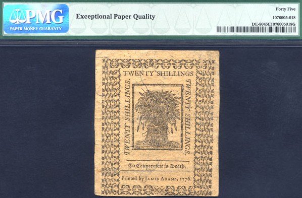 image for: Delaware: 1776 20s 1-Jan PMG XF45 EPQ (Fr.DE80)