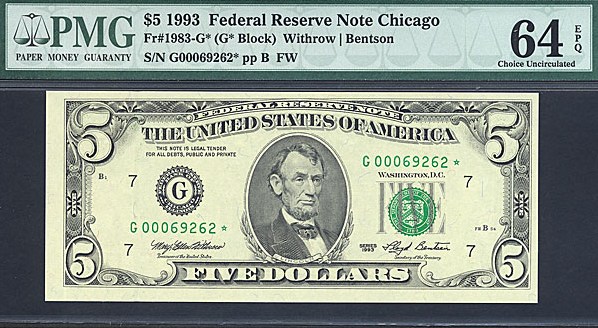 image for: Fr.1983G (G* Block) 1993 $5 Fort Worth, TX PMG Choice CU64 EPQ [G00069262] *Star* 