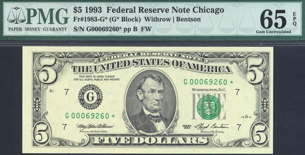 image for: Fr.1983G (G* Block) 1993 $5 Fort Worth, TX PMG Gem CU65 EPQ [G00069260] *Star* 