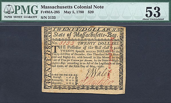 image for: Mass: 1780 $20 5-May PMG AU53 (Fr.MA285)
