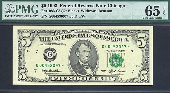 image for: Fr.1983G (G* Block) 1993 $5 Fort Worth, TX PMG Gem CU65 EPQ [G00453097] *Star* 