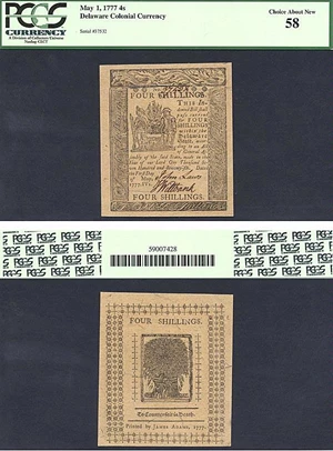 image for: Delaware: 1777 4s 1-May PCGS AU58 (Fr.DE88)