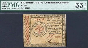 image for: Cont Congress: 1779 $3 14-Jan PMG AU55 EPQ (Fr.CC89)
