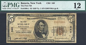 image for: 1929 $5 NB of Batavia, NY PMG F12 (Fr.1800-1, Charter #340)