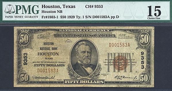 image for: 1929 $50 Houston NB, TX PMG F15 (Fr.1803-1, Charter #9353)