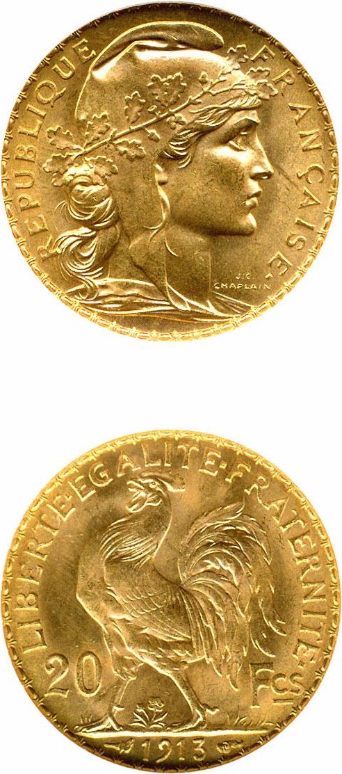 image for: France: 1913 20 Fr (KM-857) DGS MS64