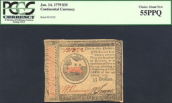 image for: Cont Congress: 1779 $35 14-Jan PCGS AU55 PPQ (Fr.CC94)