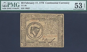 image for: Cont Congress: 1776 $8 17-Feb PMG AU53 EPQ (Fr.CC30)