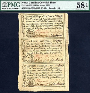 image for: Uncut Sheet North Carolina: 1771 2s/6d, 1 Pound, 10S Dec. PMG AU58 EPQ (Fr.NC136, 139, 138)