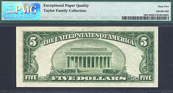 image for: 1950 $5 Dark Green Seal PMG Gem CU65 EPQ [E00001050A] (Fr.1961E, EA Block, Wide)