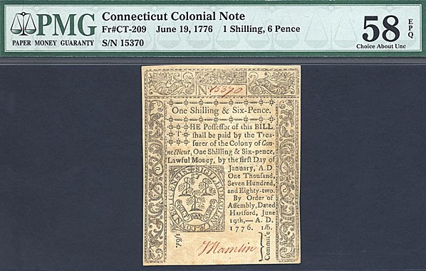 image for: Connecticut: Fr.CT209 1776 1s/6d 19-Jun PMG AU58 EPQ  [15370]