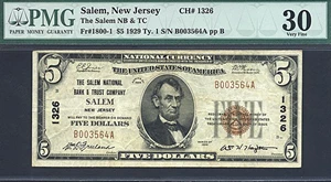 image for: 1929 $5 Salem NB & TC, NJ PMG VF30 (Fr.1800-1, Charter #1326)