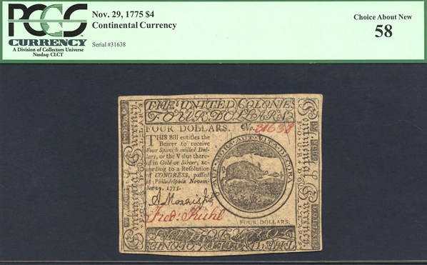 image for: Cont Congress: 1775 $4 November 29 PCGS AU58 (Fr.CC14)
