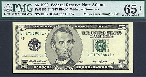 image for: Fr.1987F* (BF* Block) 1999 $5 Fort Worth, TX PMG Gem CU65 EPQ [BF17968041] Minor Overinking In S/N