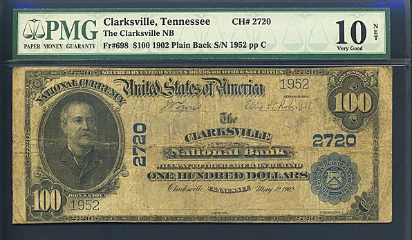 image for: Fr.698 1902 $100 Third Charter Period, 3rd Issue, Plain Back PMG VG10 #2720 Tennessee [1952]