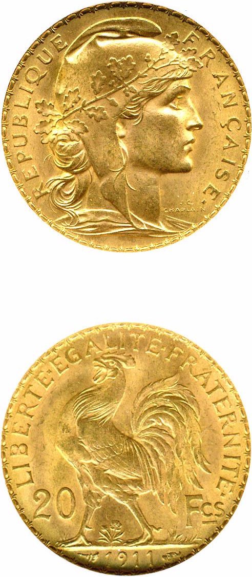 image for: France: 1911 20 Fr (KM-857) DGS MS63